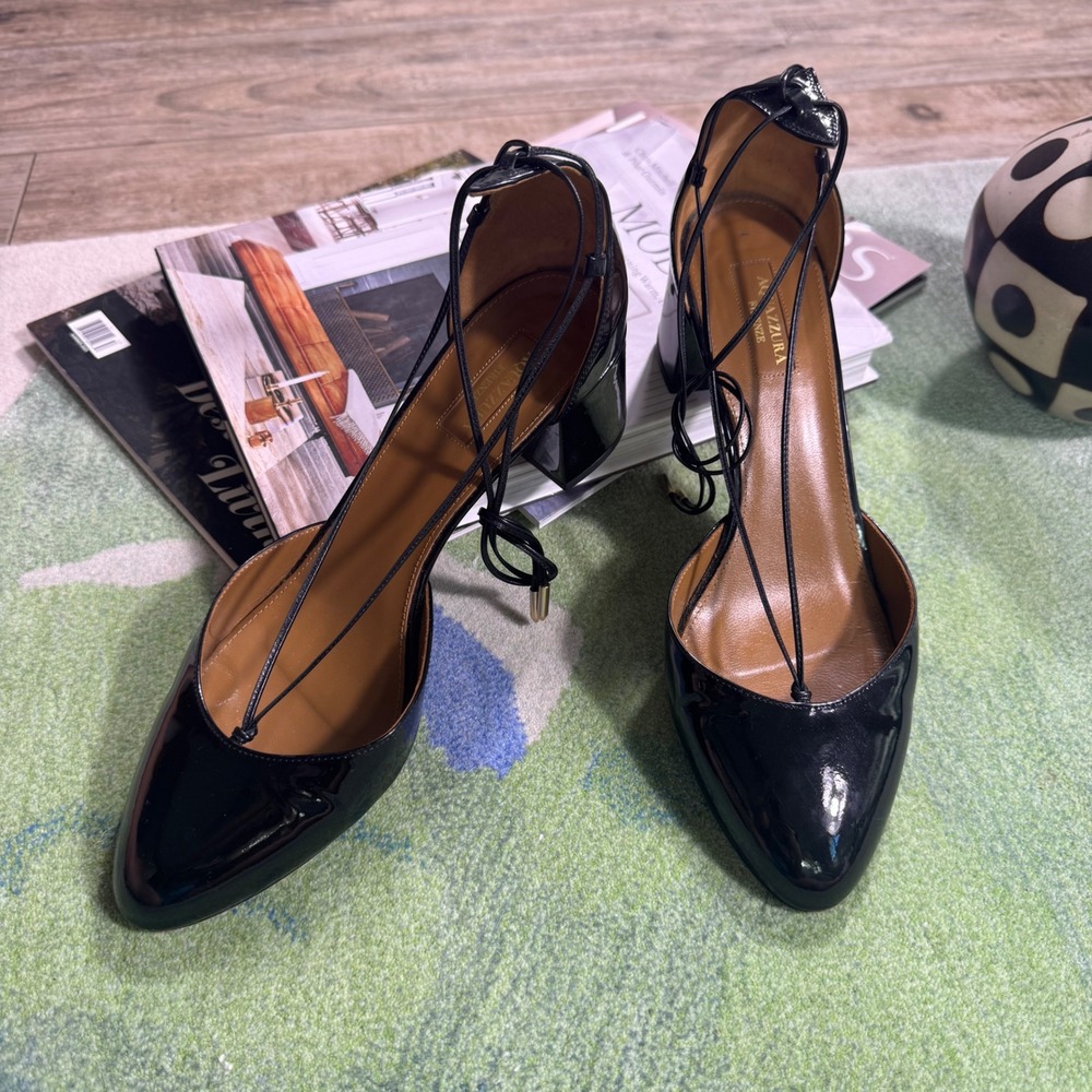 Aquazzura Firenze Black Patent Leather Lace Up Block Heel Pumps Size 41 Italy